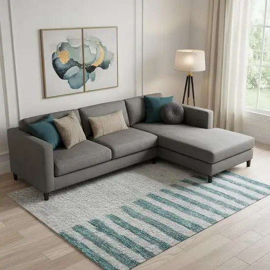 Teal Ivory And Gray Geometric Washable Area Rug With UV Protection Photo 2