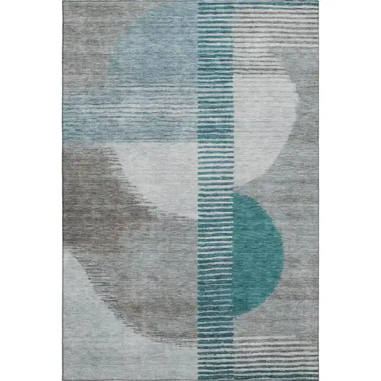 Teal Ivory And Gray Geometric Washable Area Rug With UV Protection Photo 6