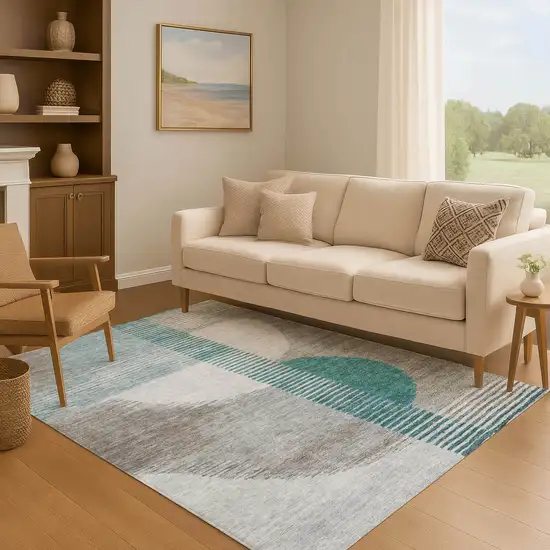 Teal Ivory And Gray Geometric Washable Area Rug With UV Protection Photo 5