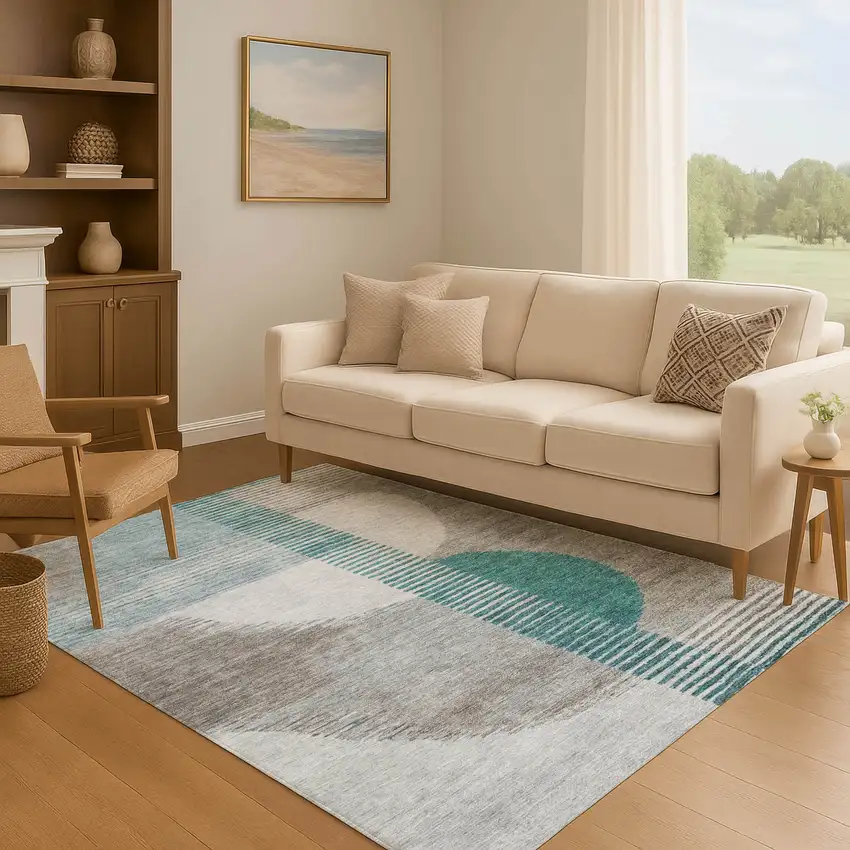 Teal Ivory And Gray Geometric Washable Area Rug With UV Protection Photo 5