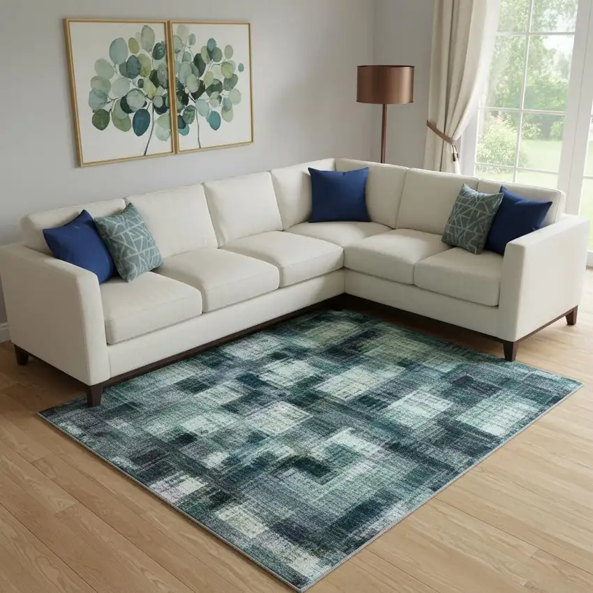 Teal Ivory And Gray Geometric Washable Area Rug With UV Protection Photo 2