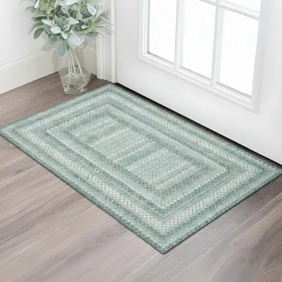 Teal Ivory And Gray Geometric Washable Area Rug With UV Protection Photo 2