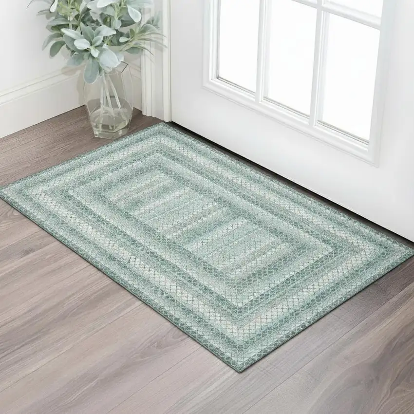 Teal Ivory And Gray Geometric Washable Area Rug With UV Protection Photo 2