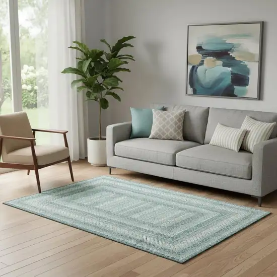 Teal Ivory And Gray Geometric Washable Area Rug With UV Protection Photo 2