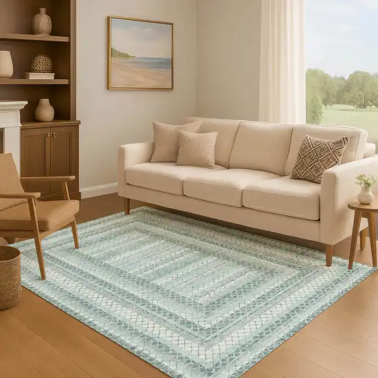 Teal Ivory And Gray Geometric Washable Area Rug With UV Protection Photo 5