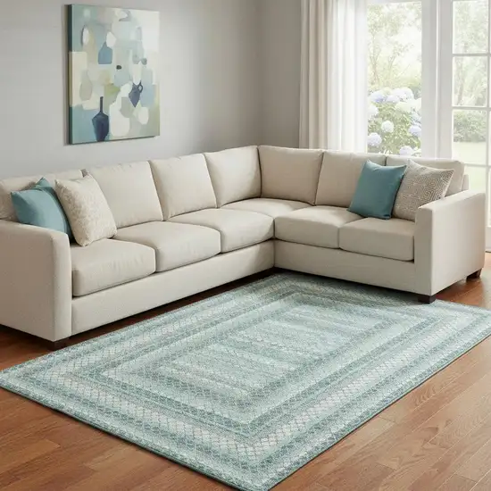 Teal Ivory And Gray Geometric Washable Area Rug With UV Protection Photo 2