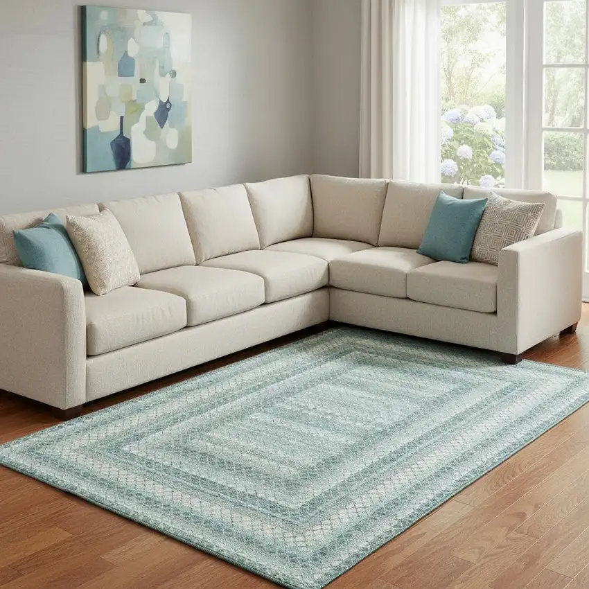Teal Ivory And Gray Geometric Washable Area Rug With UV Protection Photo 2