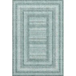 Photo of Teal Ivory And Gray Geometric Washable Area Rug With UV Protection