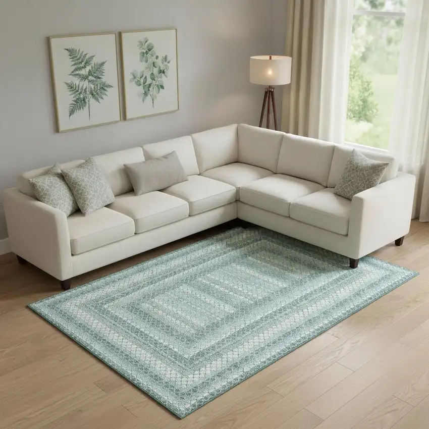 Teal Ivory And Gray Geometric Washable Area Rug With UV Protection Photo 2