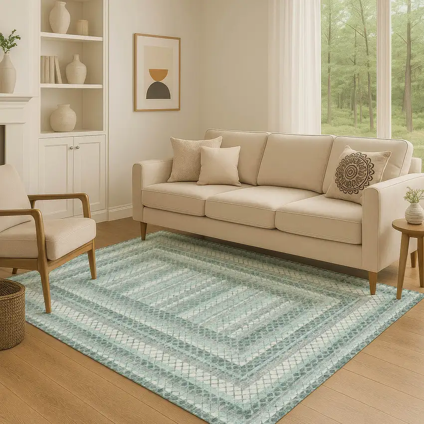 Teal Ivory And Gray Geometric Washable Area Rug With UV Protection Photo 5