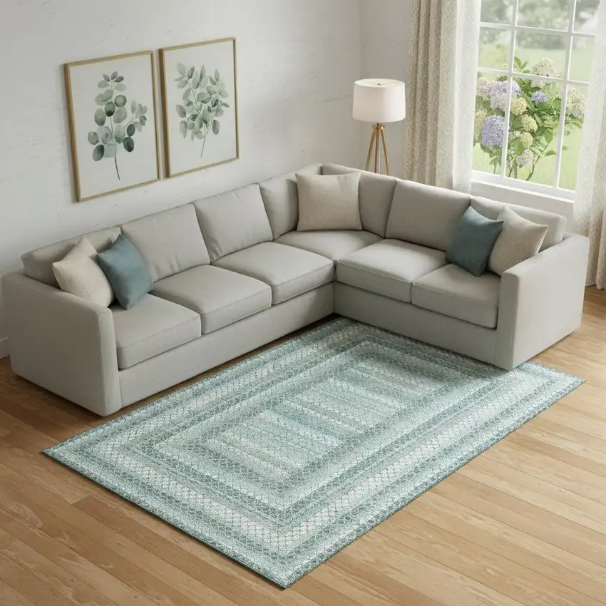 Teal Ivory And Gray Geometric Washable Area Rug With UV Protection Photo 2