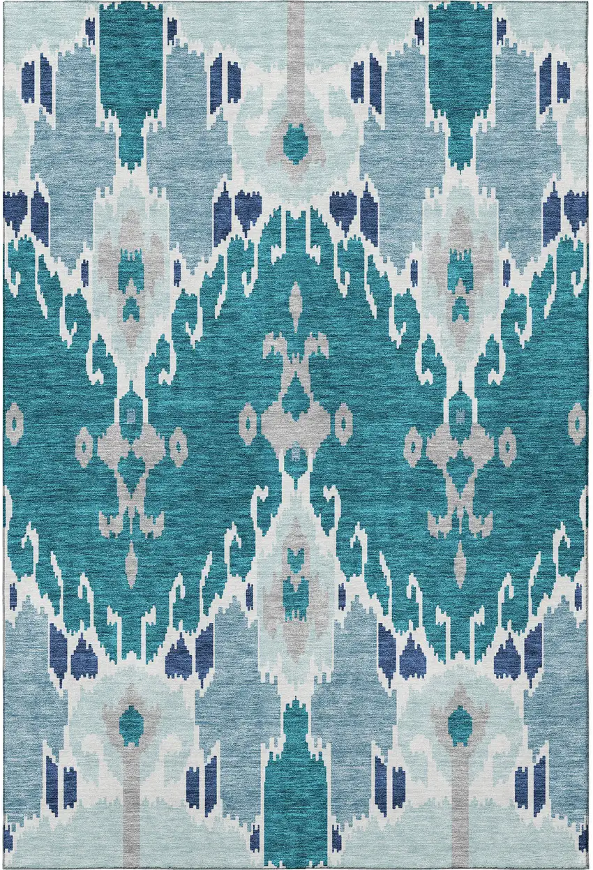 Teal Ivory And Gray Ikat Washable Area Rug With UV Protection Photo 4