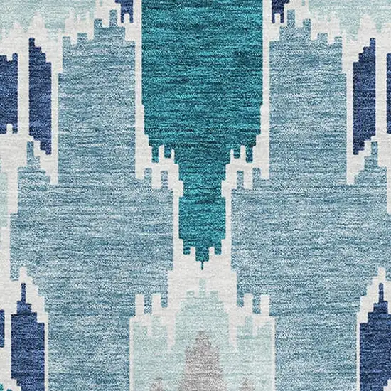 Teal Ivory And Gray Ikat Washable Area Rug With UV Protection Photo 3
