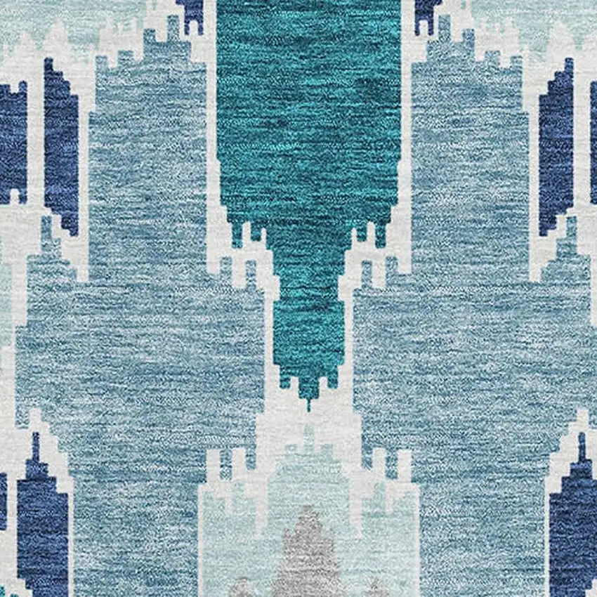 Teal Ivory And Gray Ikat Washable Area Rug With UV Protection Photo 3