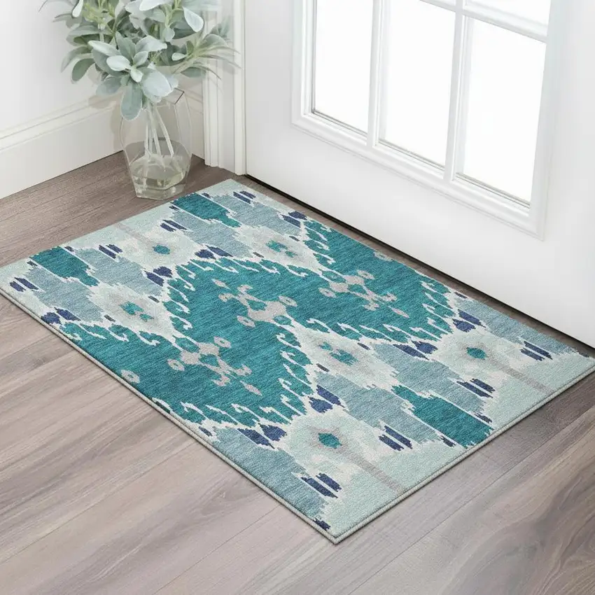 Teal Ivory And Gray Ikat Washable Area Rug With UV Protection Photo 2