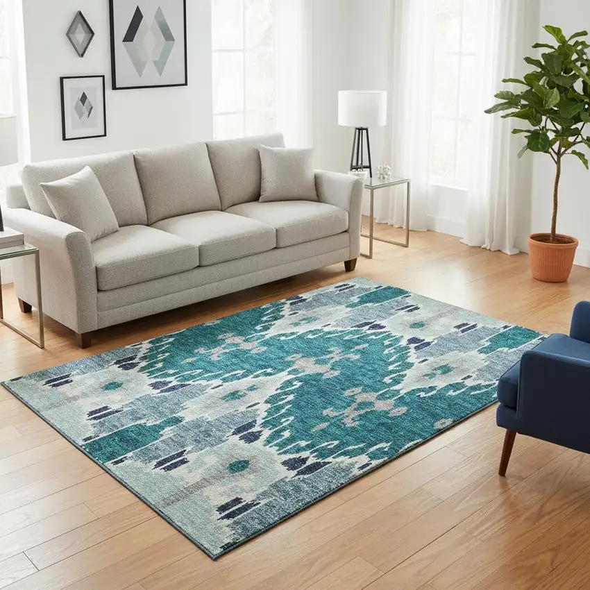 Teal Ivory And Gray Ikat Washable Area Rug With UV Protection Photo 2