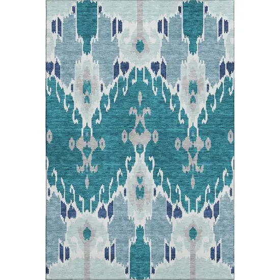 Teal Ivory And Gray Ikat Washable Area Rug With UV Protection Photo 1