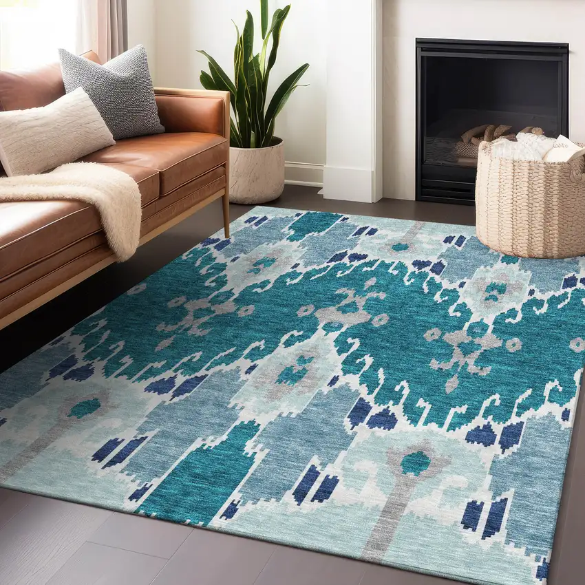 Teal Ivory And Gray Ikat Washable Area Rug With UV Protection Photo 6