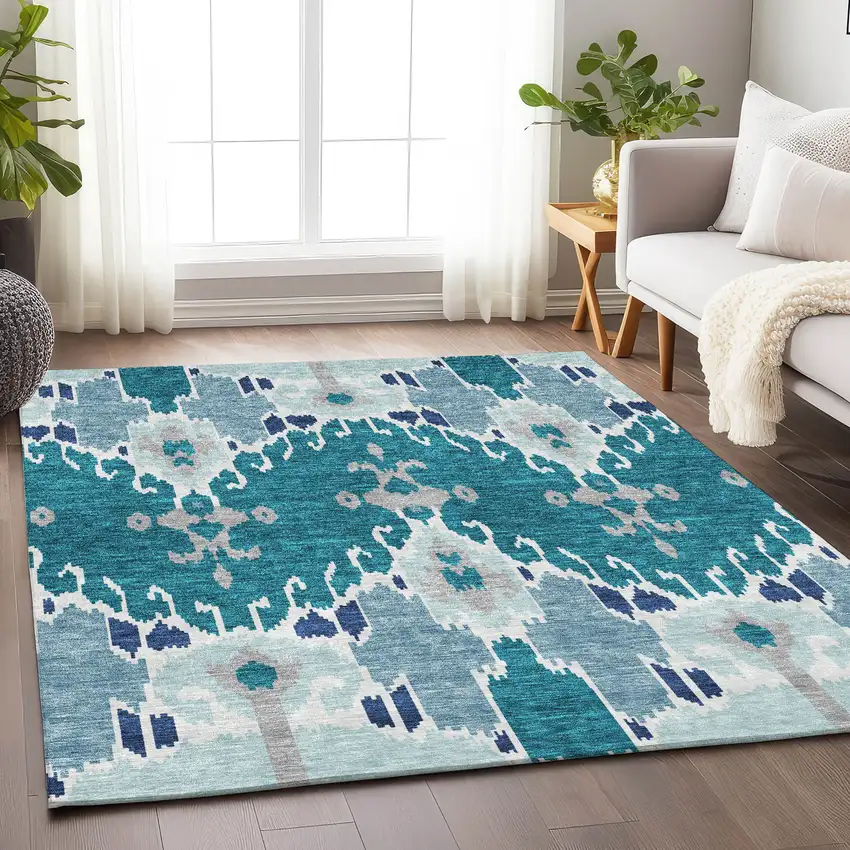 Teal Ivory And Gray Ikat Washable Area Rug With UV Protection Photo 5
