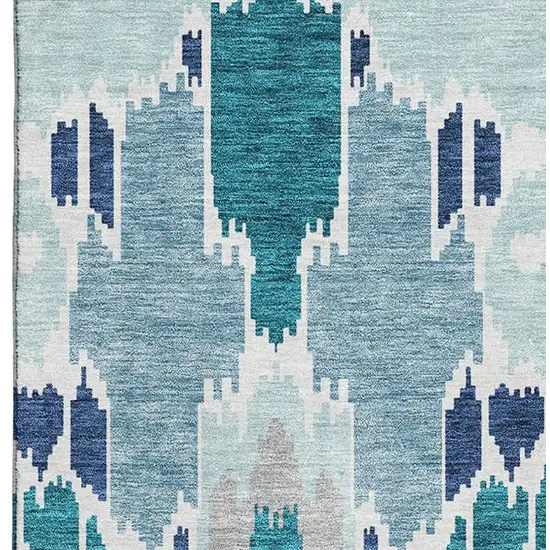 Teal Ivory And Gray Ikat Washable Area Rug With UV Protection Photo 4