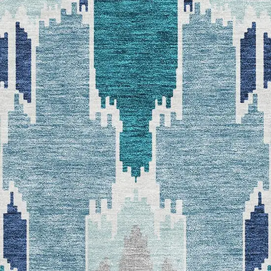 Teal Ivory And Gray Ikat Washable Area Rug With UV Protection Photo 3