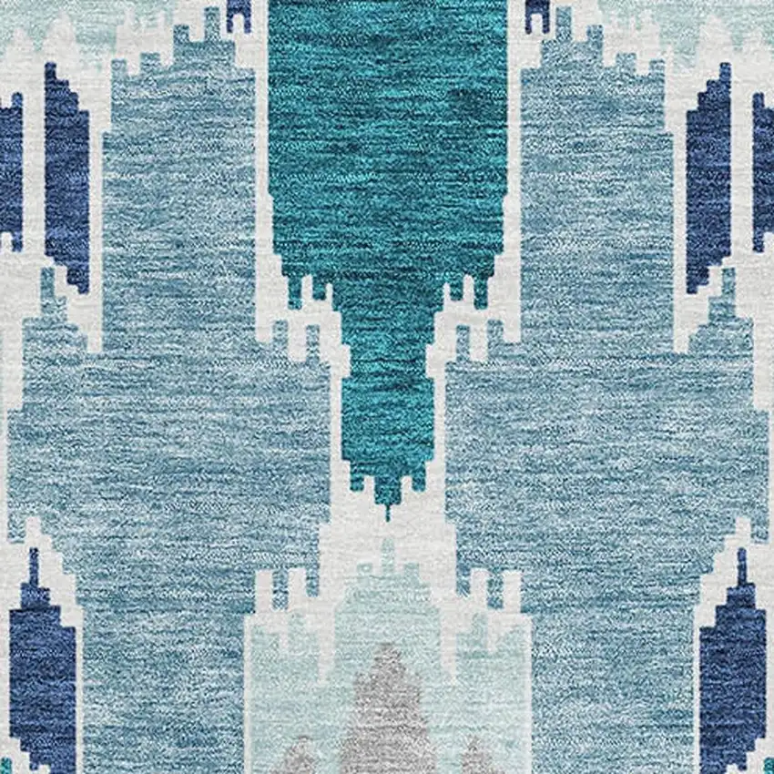 Teal Ivory And Gray Ikat Washable Area Rug With UV Protection Photo 3