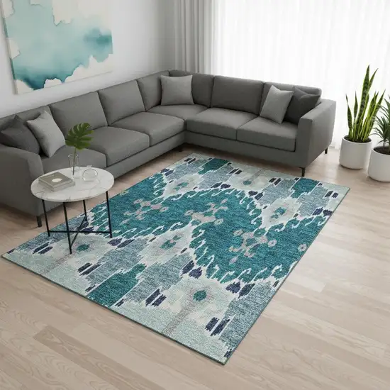 Teal Ivory And Gray Ikat Washable Area Rug With UV Protection Photo 2