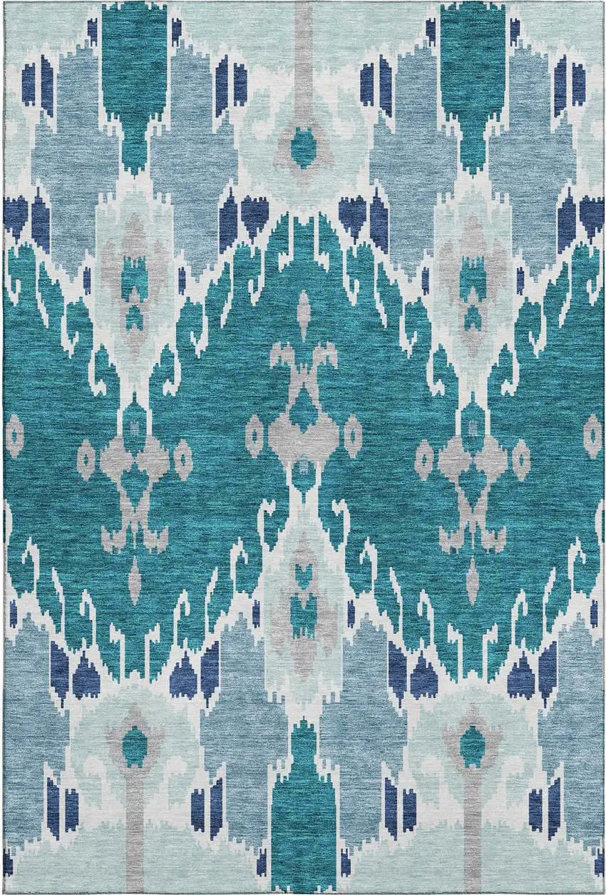 Teal Ivory And Gray Ikat Washable Area Rug With UV Protection Photo 1