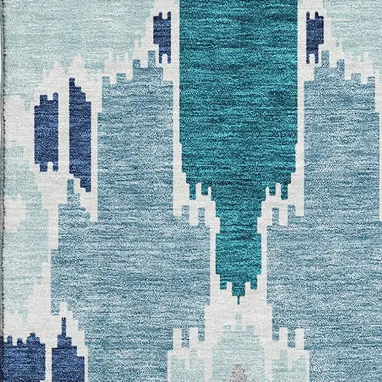Teal Ivory And Gray Ikat Washable Area Rug With UV Protection Photo 3