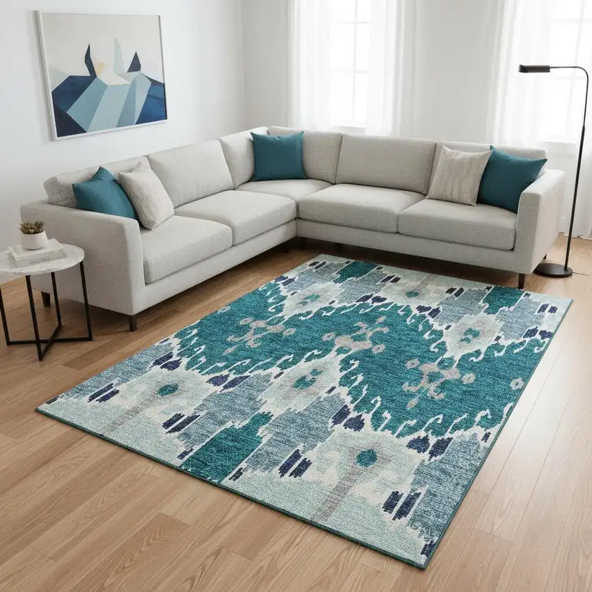 Teal Ivory And Gray Ikat Washable Area Rug With UV Protection Photo 2