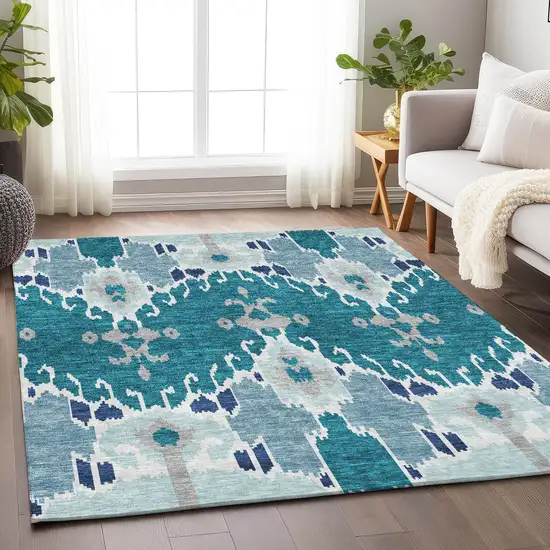 Teal Ivory And Gray Ikat Washable Area Rug With UV Protection Photo 4