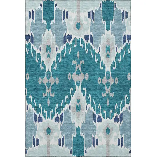 Teal Ivory And Gray Ikat Washable Area Rug With UV Protection Photo 3