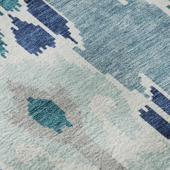 Teal Ivory And Gray Ikat Washable Area Rug With UV Protection Photo 9