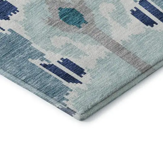 Teal Ivory And Gray Ikat Washable Area Rug With UV Protection Photo 7