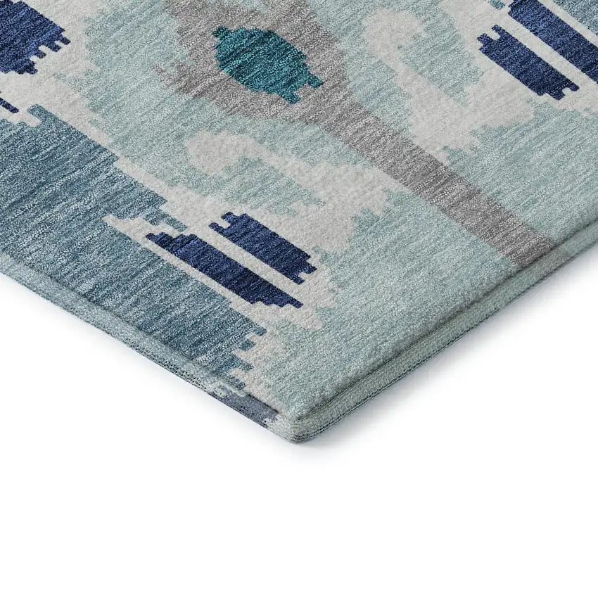 Teal Ivory And Gray Ikat Washable Area Rug With UV Protection Photo 8