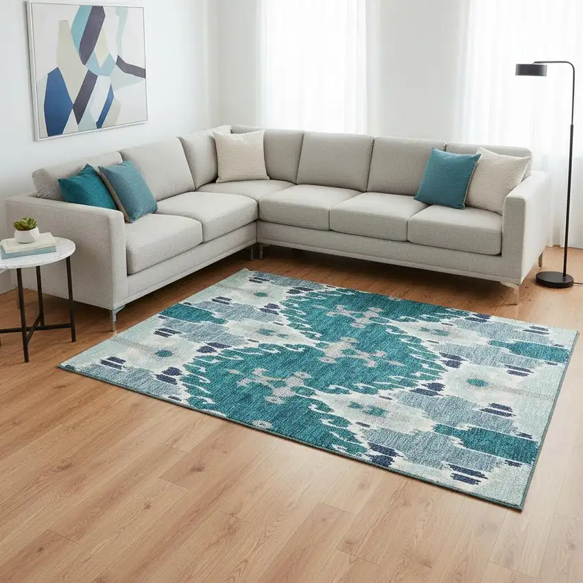Teal Ivory And Gray Ikat Washable Area Rug With UV Protection Photo 2