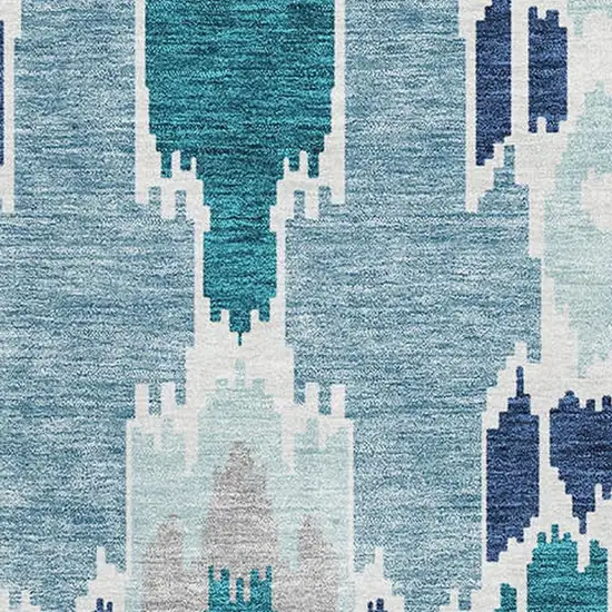 Teal Ivory And Gray Ikat Washable Area Rug With UV Protection Photo 3