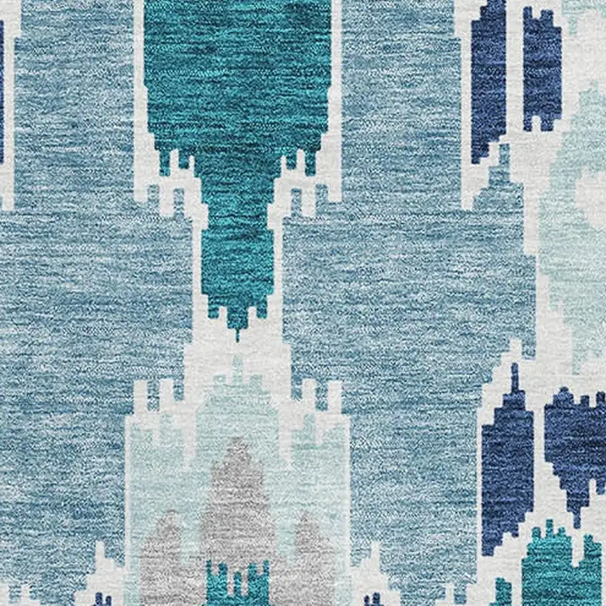 Teal Ivory And Gray Ikat Washable Area Rug With UV Protection Photo 3