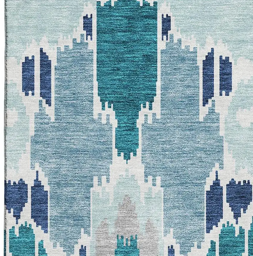 Teal Ivory And Gray Ikat Washable Area Rug With UV Protection Photo 4