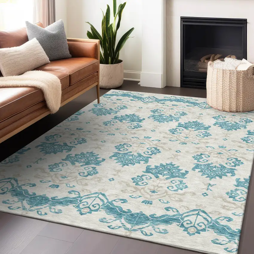 Teal Ivory And Gray Medallion Washable Area Rug With UV Protection Photo 5