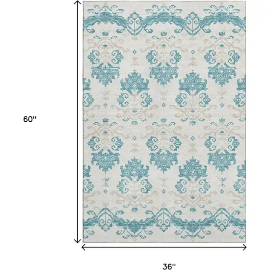 Teal Ivory And Gray Medallion Washable Area Rug With UV Protection Photo 3