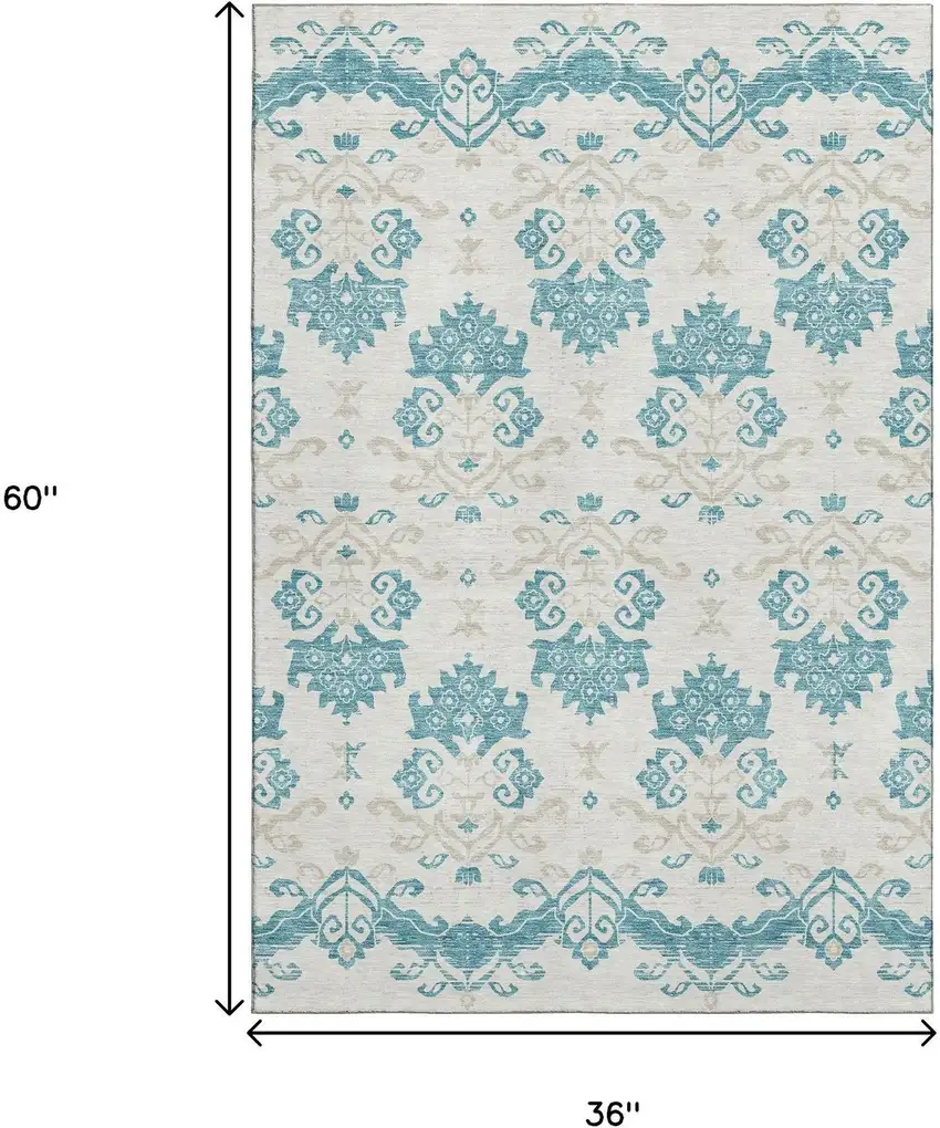 Teal Ivory And Gray Medallion Washable Area Rug With UV Protection Photo 3