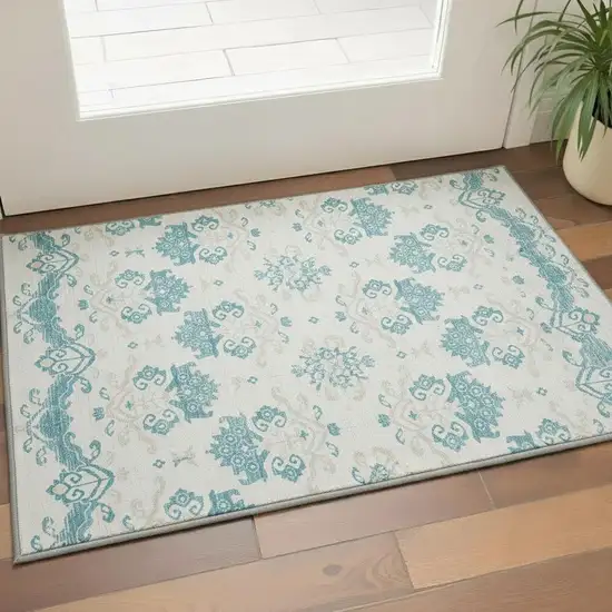 Teal Ivory And Gray Medallion Washable Area Rug With UV Protection Photo 2