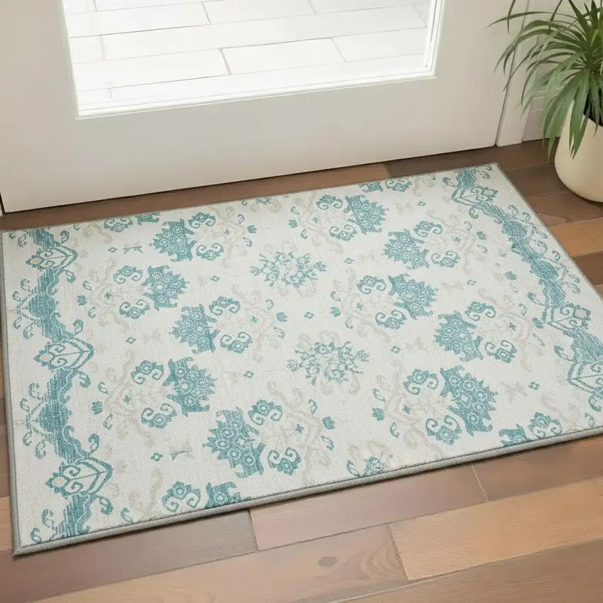 Teal Ivory And Gray Medallion Washable Area Rug With UV Protection Photo 2
