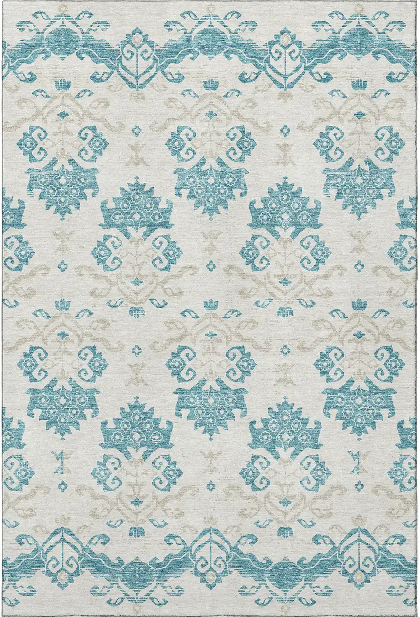 Teal Ivory And Gray Medallion Washable Area Rug With UV Protection Photo 4