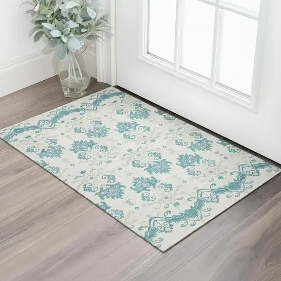 Teal Ivory And Gray Medallion Washable Area Rug With UV Protection Photo 1