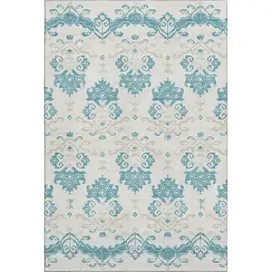 Photo of Teal Ivory And Gray Medallion Washable Area Rug With UV Protection