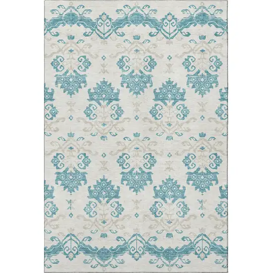 Teal Ivory And Gray Medallion Washable Area Rug With UV Protection Photo 4