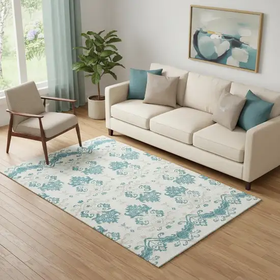 Teal Ivory And Gray Medallion Washable Area Rug With UV Protection Photo 1