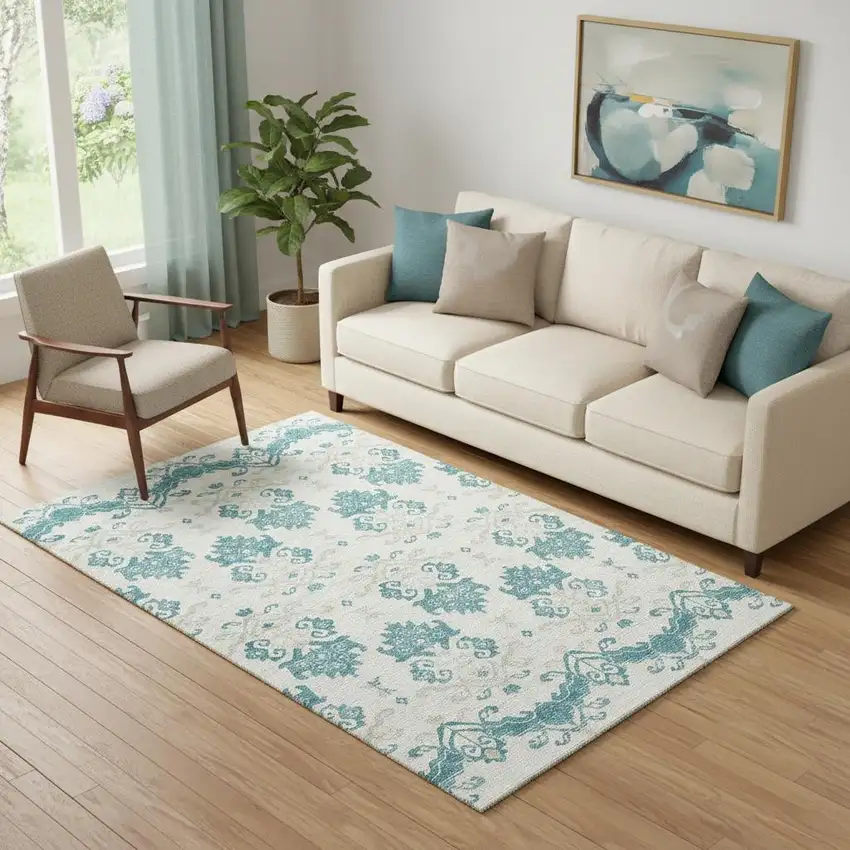 Teal Ivory And Gray Medallion Washable Area Rug With UV Protection Photo 1